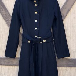 Arden B Black Gold Button Belted Dress Coat Wool Blend Size M