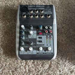 Left: Small Behringer mixer (Xenyx 502 / 802–style unit)