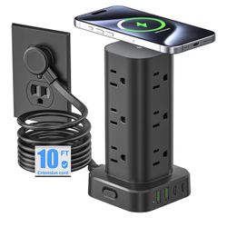 Tower Power Strip with 15W Wireless Charger, 10FT Flat Plug Extension Cord with Multiple Outlets