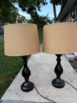 2 Black Spindle Table Lamps Burlap Textured Drum Shade  28.5” high and bottom of shade is 14” wide
