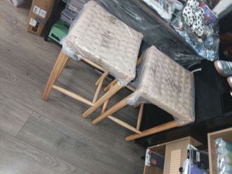 Set of 2 Woven Seat Wooden Stools