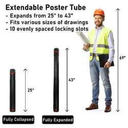 Carry Case Tube For Art Posters Drawings Extendable Telescoping Black Plastic