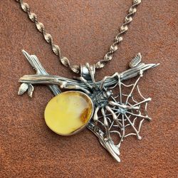 Sterling Silver Baltic Amber Spider Jewelry 925 Bug Pendant Yellow amber 