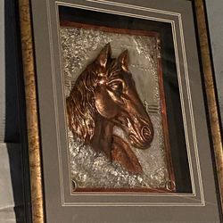 Wall art - 3D Bronze - Copper horsed head bust framed. 23 inch high, 19 inch wide, 3 inch deep.