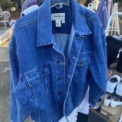 Men’s Large Jean Jacket Eddie Bauer Trucker Blue L Denim Button Up Front Vintage 90's - Compare @$50+