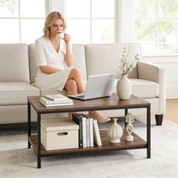 New Industrial Coffee Table Storage Shelf Vintage Wooden Board Stable Metal Frame 2-Tier, Rustic Brown