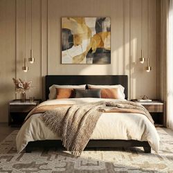 Full Size Platform Bed Frame with Clean Line Fabric & Adjustable Headboard, Wood Slats Support, No Box Spring Needed, Easy Assembly, Black