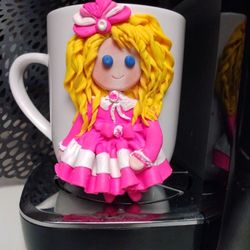 tea cup "Doll girl in pink" handmade Decor  from polymer clay.The only copy.Good for a gift.