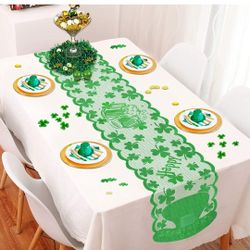 St. Patrick's Day Table Runner, 13 x 72 Inch Green Shamrock Clover Lace Table Runner for St. Patrick's Day Dinner Table Decorations Farmhouse Spring P