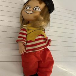 Vintage 8" Inch Plastic Doll in Striped Clown Outfit Hong Kong Hat Hobo Mime