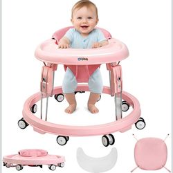 Baby Walker with Wheels, One-Touch Folding Portable Baby Walkers with Height Adjustment, Large Dinner Plate and Brake, Walker for Baby Boy Girls 6-18 