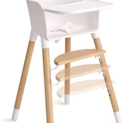 Baby High Chair, Wooden High Chairs For Babies & Toddlers, Highchair With Adjustable Footrest, Solid Beech Wood, Removable Tray, Ergonomic Seat Back, 