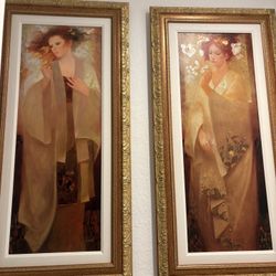 2 Hand Embellished Giclee SPRING & AUTUMN Seasons By Felix Mas. Gorgeous Gold Ornate Wood Frames.  