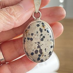 .925 Sterling Silver Dalmatian Jasper Pendant Statement Oval Bezel