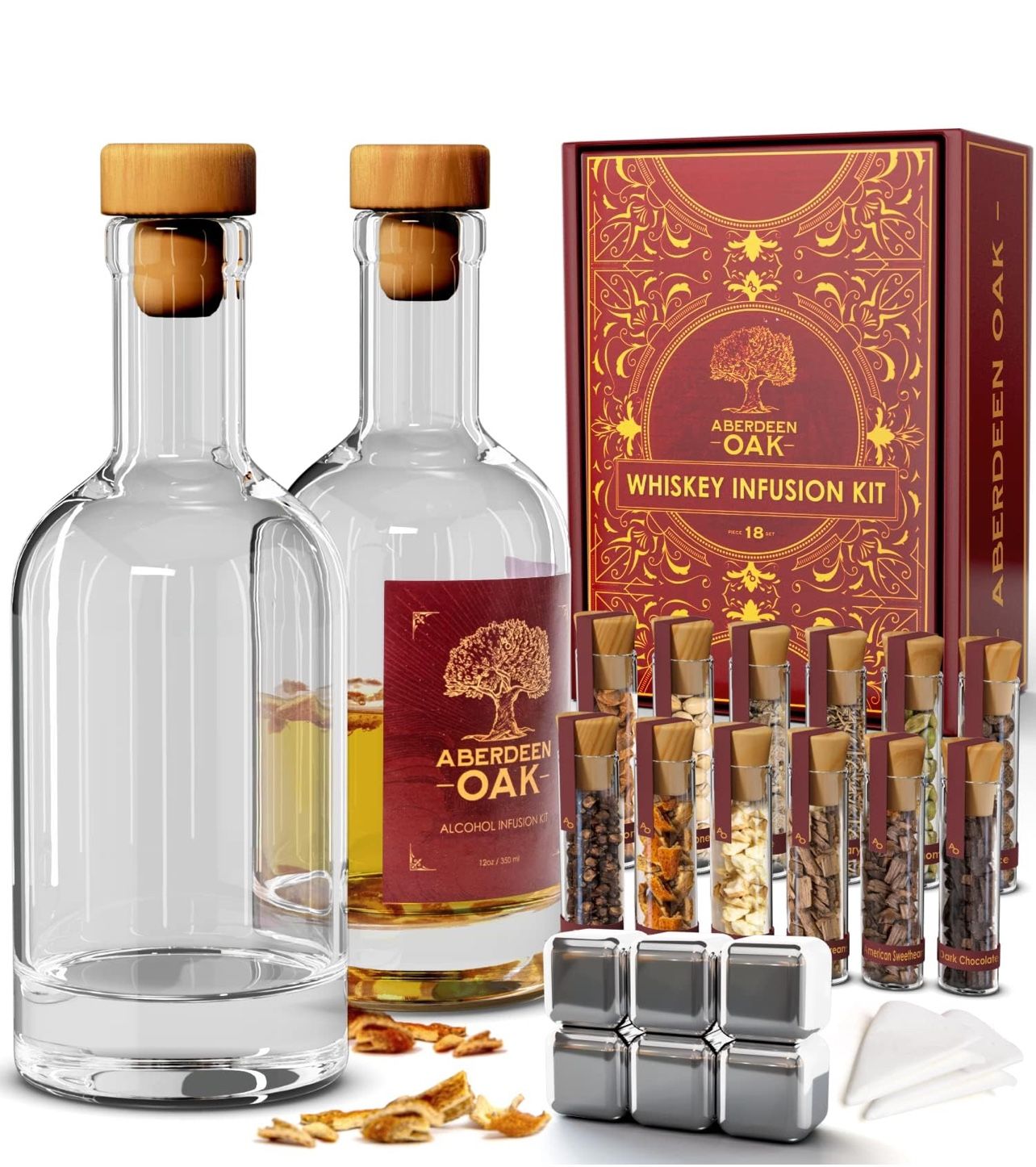 Aberdeen Oak Whiskey Infusion Kit - Craft Your Personalized Whiskey Flavor with 9 Botanicals & 3 Wood Chip Types - Makes a Fun Gift for Men, Husband,