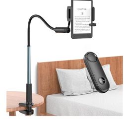 PlusAcc for Kindle Holder with Remote Page Turner – Gooseneck Stand for Reading in Bed, Hands-Free Desk Mount