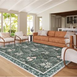 Washable Area Rug [8x10 ft^2; NEW; Light Green Vintage Floral with Ornate Border], Soft Low Pile Carpet for Living Room, Dining Room Under Table, Bedr
