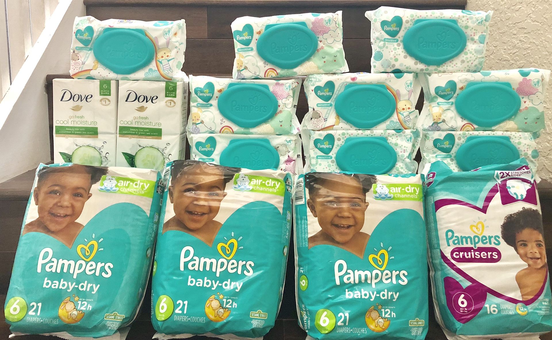 Pampers size 6 with sensitive wipes and dove bar soap bundle!!