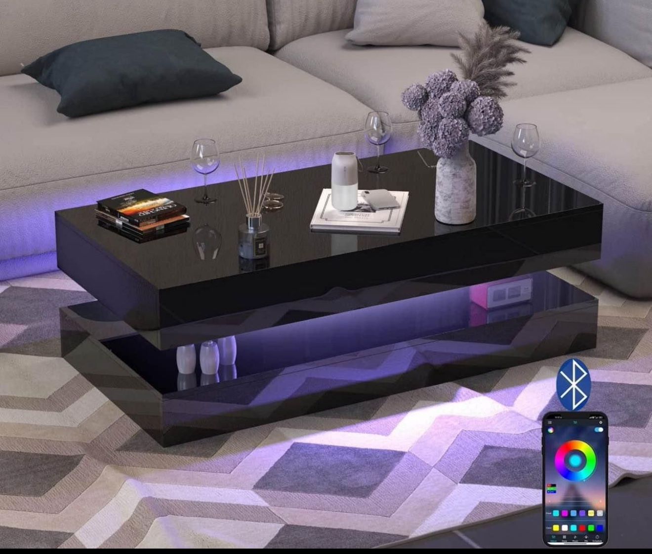 LED Coffee Table Modern High Gloss Black Coffee Table w/20 Colors LED Lights