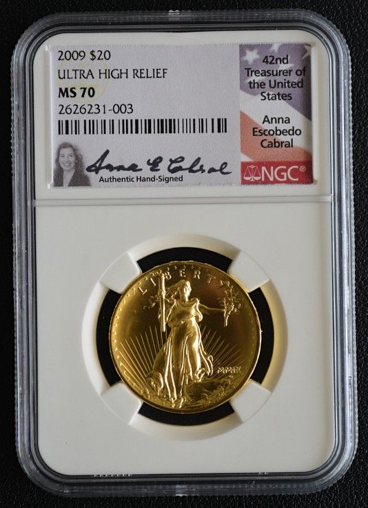 2009 NGC MS70 Ultra High Relief $20 Gold Double Eagle Signed By Anna Cabral