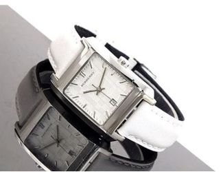 BURBERRY ENGRAVED DIAL WHITE LEATHER BAND,SILVER TONE SWISS WATCH BU1576