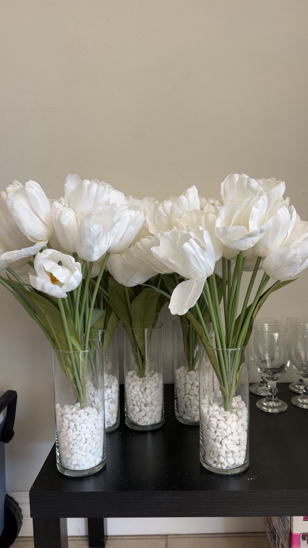 White Tulips Centerpieces In Glass