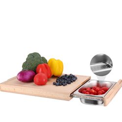 Expandable Beechwood Cutting Board - Kitchen Cutting Board with Stainless Steel Strainer