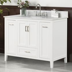 Brand New White 43 inch Bathroom Vanity w Marble Countertop + Sink