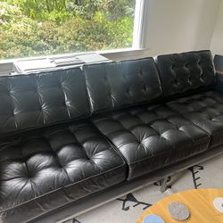 MCM Tufted Black Leather Sofa