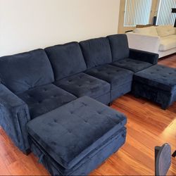 Belffin Velvet U Shaped Sectional Sofa Couch with Storage Ottoman Convertible Sectional Sofa Black 