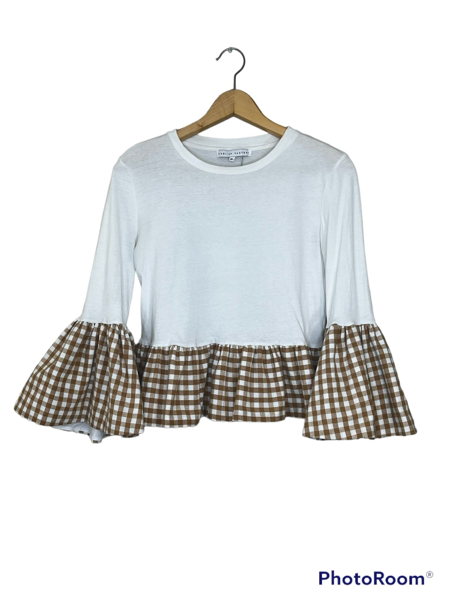 English Factory XS White Tan Gingham Plaid Bell Sleeve Crop Peplum Blouse Top