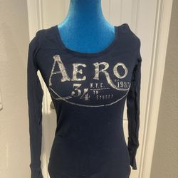 Women’s Small Navy Blue Aeropostale “AERO 1987” Long Sleeve Tee – Scoop Neck, Glitter Graphic