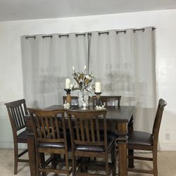 Counter Height Dining Table & 6 Chairs With Brown Seats & Removable Seat Covers!