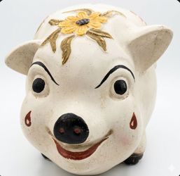 MID-CENTURY GIANT HAPPY PIGGY BANK Ceramic COIN BANK 22"X 14" HUGE Unique Beautiful!