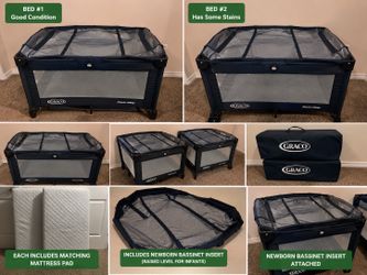 Two Graco Pack ’n Play Playards with Newborn Bassinet Inserts + Mattresses 👶