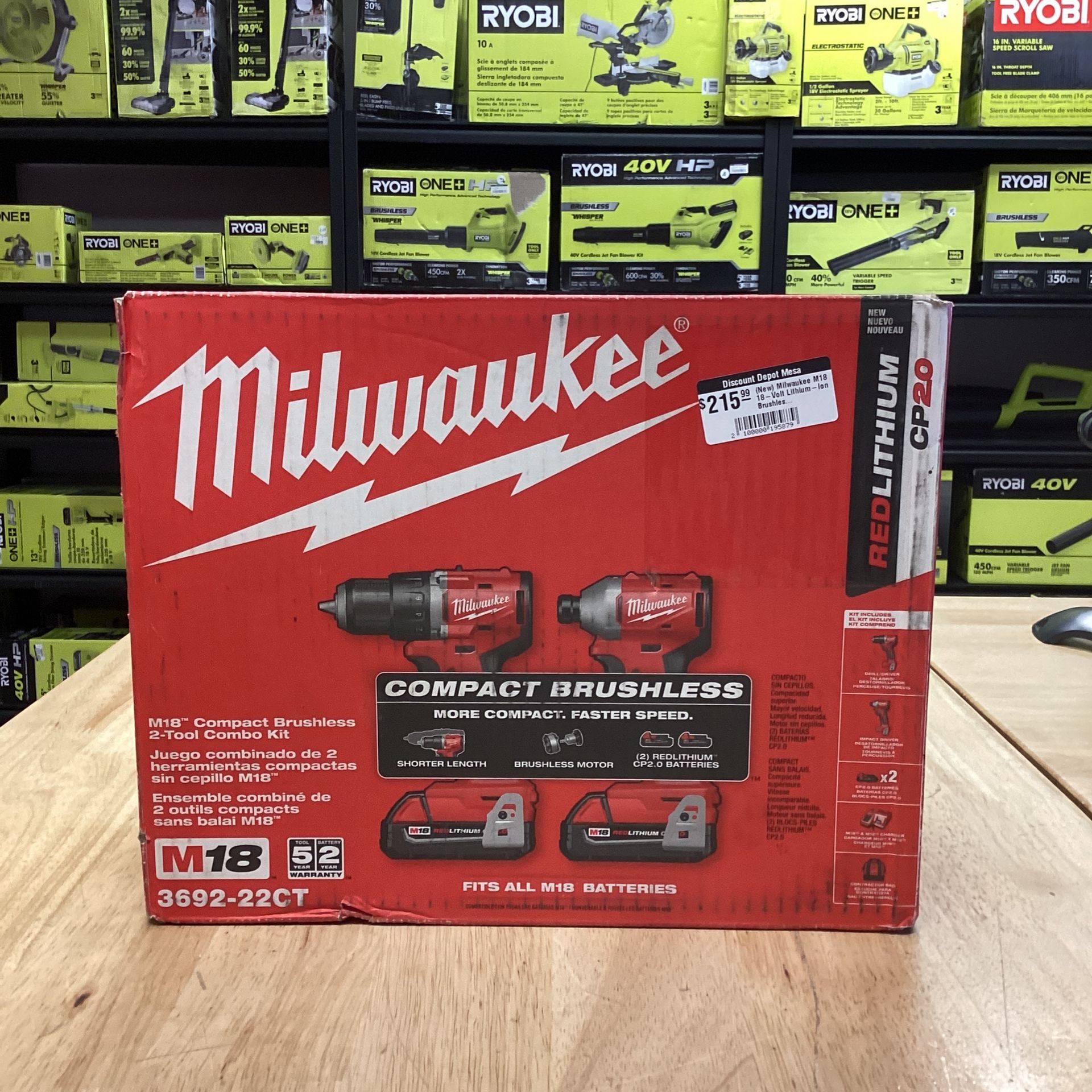 Milwaukee M18 18V Lithium-Ion Brushless Cordless Compact Drill/Impact Combo Kit (2-Tool) w/(2) 2.0 Ah Batteries, Charger & Bag