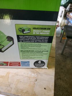 greenworks. 40  Volts LITHIUM- ION  Variable speed  motor delivers speeds at 150 MPH  TOOL ONLY  NO Battery  NO Charger   $ 70.00  Brand New  Open Box