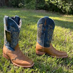 J.B. Dillion Reserve New Men’s Cactus Roper Cowboy Boots – Tan & Blue Western Stitching (Size 8 1/2)