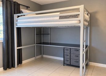 Gray Loft Full size Bed with Built-In Desk & Shelves – Space Saving