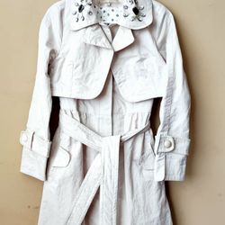 Ivory White Textured Trim Belt Top Dress Coat Jacket Trench  Womens Size M/ Medium Top