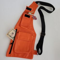 Orange Genuine Leather Sling Bag, Shoulder Bag, Cross Body Bag with Dual Zippers And Pockets

