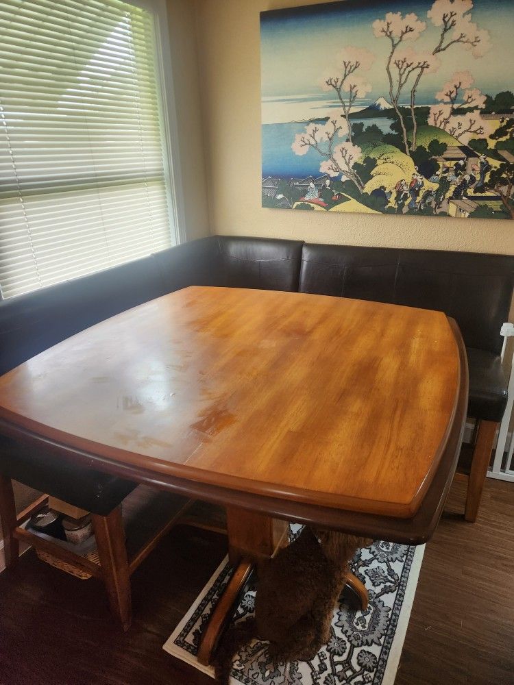 Tall Wood Top Dining Table with Corner Seat And Bench Chairs