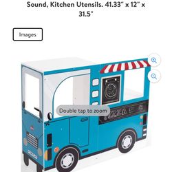 Plum Play 3-in-1 Wooden Street Food Truck and Kitchen with Driving Cab, #41108AD83, Light-Up Burners with Sound, Kitchen Utensils. 41.33" x 12" x 31.5