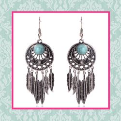 New silver and turquoise metal feather dangle earrings