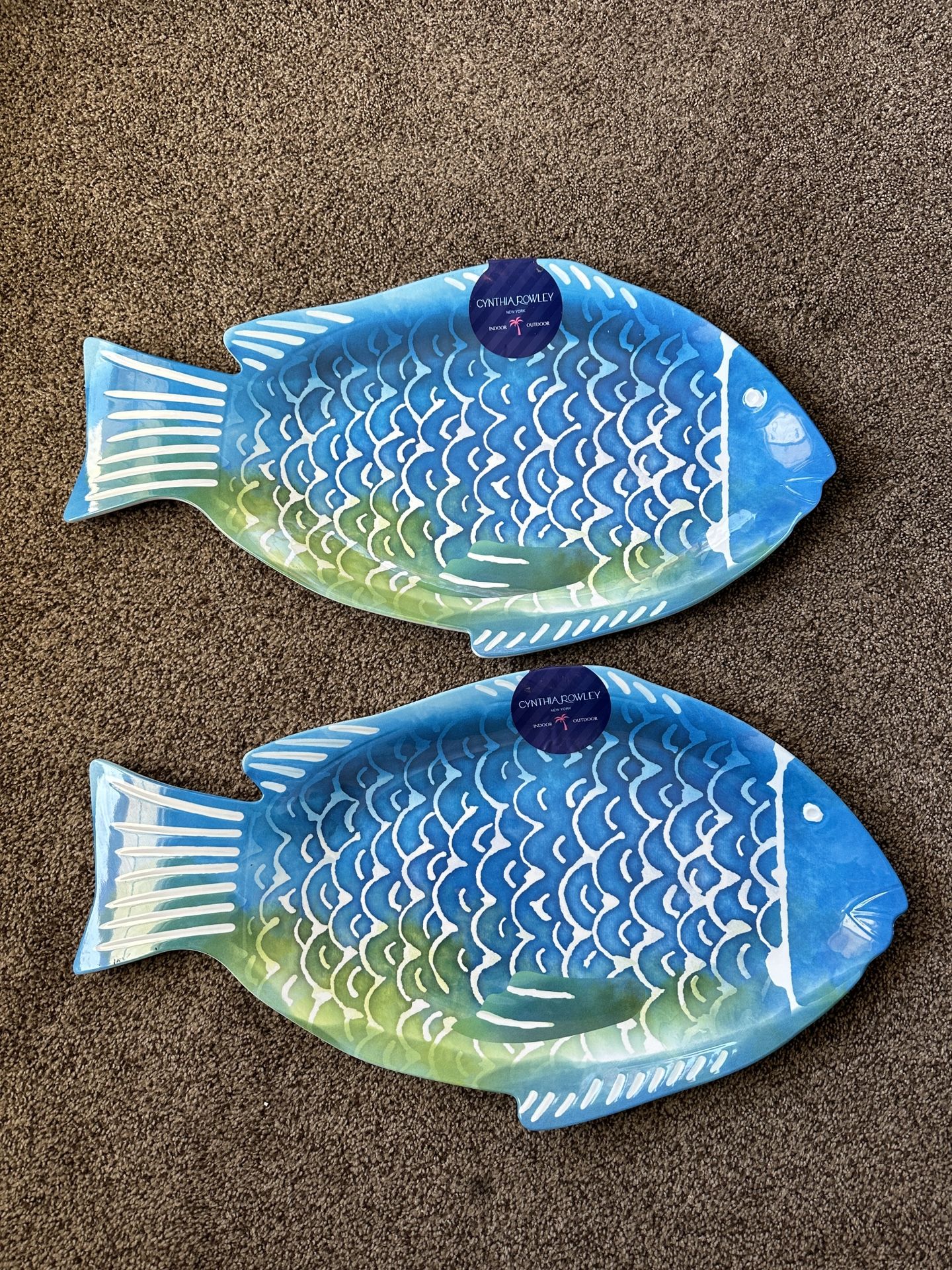 Set Of 2 Cynthia Rowley Large Fish Melamine Serving Trays Dishes Platters