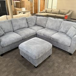 Slate Gray Corduroy Sectional W/ Ottoman 