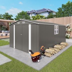 10x14 FT Outdoor Metal Storage Shed, Durable Garden Shed with Three Lockable Doors and Clear Window for Backyard, Patio, Garden, All-Weather Shelter f