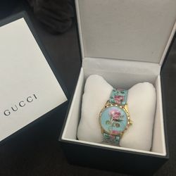 Gucci G Timeless Floral Turquoise Dial Turquoise Leather Strap Watch For Women - YA1264085