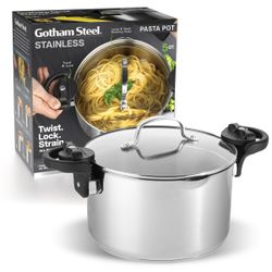 Gotham Steel Stainless Steel Pasta Pot with Built-In Strainer and Locking Handles – Twist, Drain & Serve Multi-Purpose Stock Pot