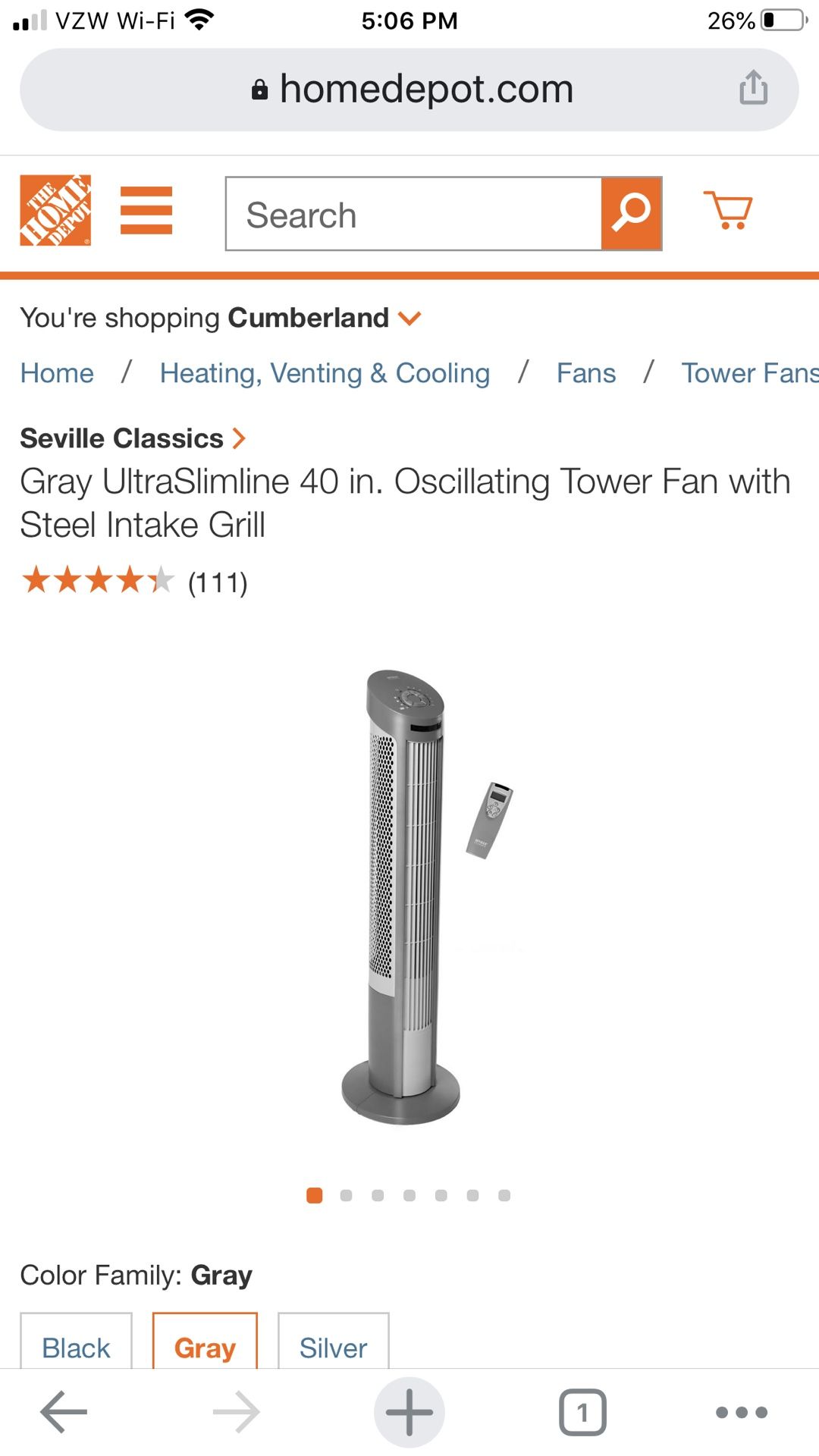 Gray UltraSlimline 40 in. Oscillating Tower Fan with Steel Intake Grill